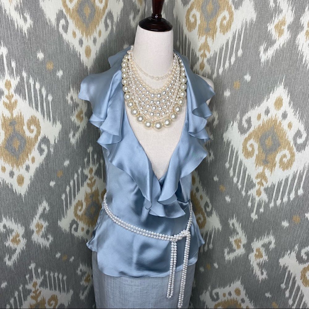 Ralph Lauren Spring ‘12 Collection Powder Blue Ruffle-Trim Silk Charmeuse Blouse - Picture 7 of 12